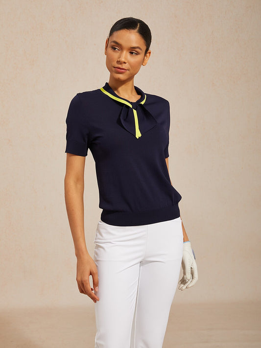 Navycore Short Sleeve Colorblock Bowknot Knit Polo